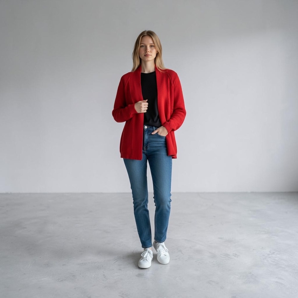 Liz Claiborne Red Open Front Cardigan Shawl Collar Pointelle Knit Sweater S